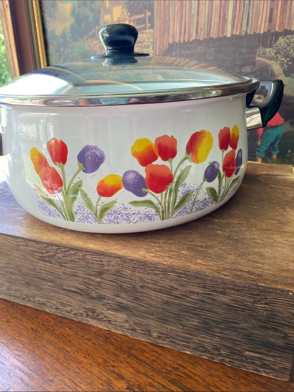 Spring Bouquet Enamel Stock Pot, “Tulip Tyme”